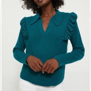 Teal Ruffle Casey Collared V-Neck Sweater